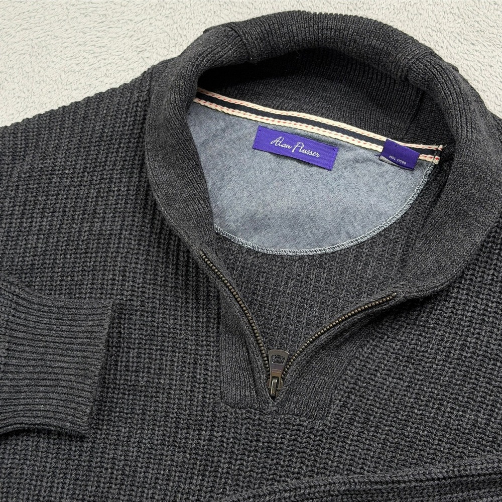 Alan Flusser Mens Quarter Zip Sweater Large Charcoal Grey Cotton Shaker Knit